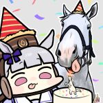  1girl :3 animal animal_ears birthday_cake bow cake closed_mouth confetti food gold_ship_(racehorse) gold_ship_(umamusume) hair_bow hat horse horse_ears horse_girl jazz_jack lowres party_hat purple_hair sailor_collar school_uniform signature tongue tongue_out umamusume violet_eyes 