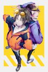  2boys alternate_costume bangs black_footwear black_pants blue_eyes brown_hair eyewear_on_head from_above hair_behind_ear highres jacket looking_at_viewer looking_up male_focus mu_(wh25gk) multiple_boys mysta_rias nijisanji nijisanji_en open_mouth orange_jacket pants parted_bangs purple_jacket shoes shu_yamino smile sneakers sunglasses torn_clothes torn_pants track_pants v violet_eyes virtual_youtuber white_footwear 