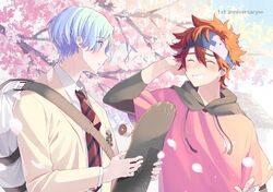  2boys anniversary bag blue_eyes blue_hair cherry_blossoms closed_eyes hair_between_eyes hasegawa_langa headband highres hood hoodie kyan_reki looking_at_viewer male_focus messy_hair multiple_boys necktie open_mouth redhead shirt short_hair shoulder_bag sk8_the_infinity skateboard smile teeth upper_body uppi 