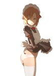  1girl apron ass bangs black_dress boku_wa_tomodachi_ga_sukunai bow bow_panties bowtie brown_eyes brown_hair clothes_lift cowboy_shot d: dress dress_lift flower frilled_apron frilled_dress frills from_side hair_flower hair_ornament hand_up highres juliet_sleeves kuroneko_pantsu kusunoki_yukimura lifted_by_self long_sleeves looking_at_viewer maid maid_headdress panties parted_bangs puffy_sleeves red_bow red_bowtie shade short_hair simple_background solo standing thigh-highs twisted_torso underwear white_legwear white_panties 