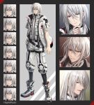  1boy artist_name bangs black_legwear boots clenched_teeth closed_eyes closed_mouth commission expressions eyebrows_visible_through_hair grey_hair hagino_kouta hair_between_eyes hand_on_hip jacket long_hair male_focus multiple_views open_clothes open_jacket open_mouth original pants parted_lips red_eyes ribbed_legwear short_sleeves skeb_commission smile socks sweat teeth v-shaped_eyebrows white_footwear white_jacket white_pants 