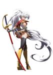  1girl absurdly_long_hair absurdres armor armored_boots ass bangs black_panties boots fingerless_gloves full_body gloves high_ponytail highres holding holding_sword holding_weapon langrisser langrisser_iii langrisser_mobile long_hair luna_(langrisser) non-web_source official_art panties pauldrons photoshop_(medium) red_eyes sheath sheathed shoulder_armor simple_background smile standing sword thigh-highs underwear very_long_hair weapon white_background white_hair 