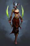  1girl barefoot blindfold blood_elf_(warcraft) breasts closed_mouth colored_skin demon_hunter_(warcraft) dual_wielding earrings elf expressionless fantasy full_body gradient gradient_background grey_background holding holding_sword holding_weapon horns imdrunkontea jewelry markings navel original pointy_ears red_skin reverse_grip short_hair small_breasts solo standing strapless sword torn_clothes torn_legwear tube_top vambraces warcraft weapon white_hair world_of_warcraft 