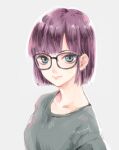  1girl blue_eyes breasts chrono_trigger closed_mouth glasses looking_at_viewer lucca_ashtear purple_hair short_hair simple_background smile solo takanamushi 