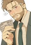  1boy beard blush breasts brown_hair cigarette close-up confused ear_piercing earrings facial_hair highres jacket jewelry kkeiogh88 looking_at_viewer male_focus necktie original paper piercing red_eyes shirt solo speech_bubble tusks 