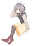  1girl :d absurdres black_legwear black_shirt boots brown_eyes copyright_request full_body grey_hair hand_up hat highres long_hair long_sleeves looking_at_viewer pantyhose red_footwear shirt simple_background sincos sitting skirt smile solo white_background white_headwear yellow_skirt 