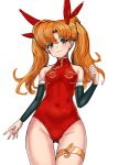  absurdres aqua_eyes bangs bare_shoulders blush bow breasts closed_mouth commentary_request covered_navel gold_trim hair_bow highleg highleg_leotard highres langrisser langrisser_iii leotard long_hair looking_at_viewer mhg_(hellma) orange_hair red_leotard simple_background sleeveless small_breasts smile solo thigh_strap thighs tiaris_(langrisser) tied_hair turtleneck twintails white_background 