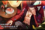  1boy cake cake_slice coat cross cross_necklace crossed_legs cup dracule_mihawk drinking_glass facial_hair food from_above happy_birthday hat highres jewelry male_focus necklace one_piece open_clothes open_coat qin_(7833198) ribbon sitting solo wine_glass yellow_eyes 