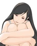  1girl absurdres black_hair closed_mouth head_on_knee head_rest head_tilt highres hugging_own_legs long_hair looking_at_viewer luimiart original simple_background smile solo white_background 