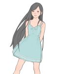  1girl absurdres arms_behind_back black_eyes black_hair blue_dress closed_mouth dress highres long_hair looking_at_viewer luimiart original simple_background sleeveless sleeveless_dress smile solo standing very_long_hair white_background 