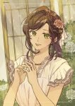  1girl :d brown_hair dress flower green_eyes grin hair_flower hair_ornament highres lips long_hair looking_at_viewer open_mouth outdoors pink_flower pink_rose rosa_(tears_of_themis) rose short_sleeves smile solo sundress tears_of_themis teeth waffletop white_dress 