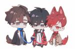  3boys animal_ear_fluff animal_ears black_hair blue_collar blue_necktie bow bowtie brown_eyes brown_hair brown_jacket buried_stars chinese_commentary closed_mouth collar collared_shirt commentary cross dog_boy dog_ears dog_tail ear_piercing earrings fang formal han_do-yoon headphones headphones_around_neck highres holding holding_leash jacket jewelry leash lee_gyu-hyuk long_sleeves looking_at_another male_focus mole mole_under_eye multiple_boys necktie open_clothes open_jacket open_mouth piercing red_bow red_bowtie red_collar red_eyes red_jacket redhead seo_hyesung shirt short_hair simple_background suit sweat tail upper_body white_background white_shirt yusa_(yusa0751) 