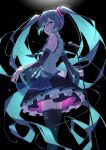  1girl 39 absurdres bare_shoulders black_background black_legwear blue_eyes blue_hair detached_sleeves hair_ornament hatsune_miku highres long_hair looking_at_viewer mele_ck necktie shirt skirt sleeveless smile solo thigh-highs twintails very_long_hair vocaloid 