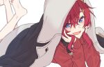  1girl ange_katrina bangs barefoot black_jacket blue_eyes blurry blurry_foreground eyebrows_visible_through_hair hands_on_own_face highres jacket looking_at_viewer lying nijisanji on_stomach open_mouth red_sweater smile soles solo sweater talunilu_uu3 triangle_hair_ornament virtual_youtuber 