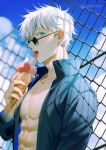  1boy abs bangs blue_eyes chain-link_fence clouds day fence food genii gojou_satoru hair_between_eyes hand_up holding holding_food ice_cream ice_cream_cone jujutsu_kaisen looking_at_viewer male_focus muscular muscular_male open_clothes open_mouth open_shirt outdoors pectorals round_eyewear short_hair solo sunglasses sweat teeth tongue tongue_out triple_scoop white_hair 