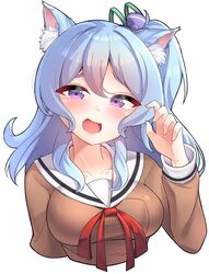  1girl :d animal_ear_fluff animal_ears bang_dream! bangs blue_hair blush bow breasts brown_jacket cat_ears collarbone commentary cropped_arms cropped_torso green_ribbon hair_between_eyes hair_bow hair_ribbon hanasakigawa_school_uniform hand_up highres jacket kemonomimi_mode long_hair long_sleeves looking_at_viewer matsubara_kanon medium_breasts neck_ribbon one_side_up open_mouth purple_bow raised_eyebrows red_ribbon ribbon rustysalmon sailor_collar school_uniform serafuku simple_background smile solo upper_body violet_eyes white_background white_sailor_collar 