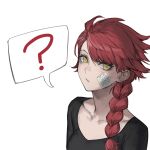  1girl ? bandage_on_face bandages bangs black_shirt braid braided_ponytail closed_mouth collarbone eyebrows hair_between_eyes hair_tie highres maenoo original redhead shirt simple_background sketch solo speech_bubble spoken_question_mark swept_bangs upper_body yellow_eyes 