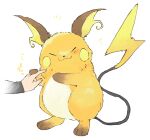  :3 blush_stickers closed_eyes closed_mouth commentary_request disembodied_limb full_body happy highres long_sleeves newo_(shinra-p) notice_lines orange_fur pokemon pokemon_(creature) poking raichu simple_background smile standing toes white_background 