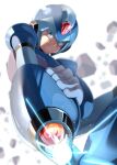  1boy android blurry blurry_background charging_device closed_mouth commentary_request debris glowing green_eyes helmet highres holding light_particles looking_at_viewer male_focus mega_man_(series) mega_man_x_(character) mega_man_x_(series) parco_1315 serious shaded_face shadow solo sparkle wavy_mouth white_background 