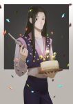  1boy absurdres birthday bishounen blue_pants blush cake confetti cropped_jacket empty_eyes feet_out_of_frame food highres holding holding_cake holding_food hunter_x_hunter illumi_zoldyck long_hair looking_to_the_side male_focus pants punim410 skinny solo 