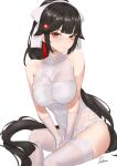  1girl absurdres artist_name azur_lane bangs black_hair blush breasts brown_eyes china_dress chinese_clothes closed_mouth covered_navel dress elbow_gloves eyebrows_visible_through_hair feet_out_of_frame fingerless_gloves garter_straps gloves hair_ribbon highres ichikushi_mojibake lips long_hair looking_at_viewer medium_breasts official_alternate_costume ponytail ribbon sitting smile solo takao_(azur_lane) takao_(the_lessons_of_spring)_(azur_lane) thigh-highs very_long_hair white_background white_dress white_gloves white_legwear white_ribbon 