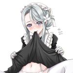  1girl alternate_costume asymmetrical_bangs bangs black_dress clothes_lift dress dress_lift enmaided gloves kantai_collection lifted_by_self long_hair maid mouth_hold sagiri_(kancolle) silver_hair solo swept_bangs thigh-highs tk8d32 violet_eyes white_gloves white_legwear 