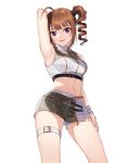  1girl ahoge argyle arm_at_side arm_behind_head arm_up armpits bangs belt blunt_bangs breasts brooch brown_hair chain contrapposto cowboy_shot crop_top drill_hair eyebrows_visible_through_hair from_below hair_belt hand_on_own_thigh highres idol idolmaster idolmaster_million_live! idolmaster_million_live!_theater_days jewelry kamille_(vcx68) linea_alba looking_at_viewer medium_breasts midriff miniskirt navel open_mouth presenting_armpit shirt short_shorts shorts side_drill sidelocks simple_background skirt sleeveless sleeveless_shirt smile solo taut_clothes taut_shirt thigh_strap turtleneck violet_eyes white_background wristband yokoyama_nao 