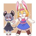  2girls alice_margatroid animal_ears bangs blonde_hair blue_dress brown_background capelet closed_eyes commentary cookie_(touhou) dress eyebrows_visible_through_hair frilled_capelet frilled_dress frilled_neckwear frilled_sash frills full_body furrification furry furry_female grey_hair grey_skirt grey_vest hair_between_eyes hairband highres ichigo_(cookie) inabahitomi layered_clothing long_sleeves looking_at_viewer mouse_ears mouse_girl mouse_tail multiple_girls nazrin necktie nyon_(cookie) open_mouth outline pink_hairband pink_necktie pink_sash rabbit_ears rabbit_girl red_eyes sash shirt short_hair skirt skirt_set smile socks tail touhou two-tone_background vest white_capelet white_legwear white_outline white_shirt 