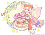  1girl :d bell cake character_request dress enkyo_yuuichirou fairy_wings fire_emblem fire_emblem_heroes food hat long_sleeves looking_at_viewer pink_eyes pink_hair pointy_ears red_dress sleeves_past_fingers sleeves_past_wrists smile solo wings 