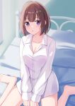  1girl :o bangs bed bed_sheet blurry blurry_background breasts brown_hair chakku_illust collarbone collared_shirt commentary_request depth_of_field eyebrows_visible_through_hair highres medium_breasts medium_hair original pillow pink_eyes shirt sidelocks sitting thighs wariza white_shirt 