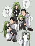  1boy 1girl admiral_(kancolle) baby_carry black_hair black_legwear black_serafuku black_skirt carrying closed_mouth crescent crescent_hair_ornament epaulettes eyebrows_visible_through_hair green_eyes green_hair grey_background grey_footwear hair_between_eyes hair_ornament highres jacket kantai_collection long_hair long_sleeves military military_uniform nagatsuki_(kancolle) pants po0000000000 school_uniform serafuku short_hair skirt speech_bubble thigh-highs translation_request uniform white_jacket white_pants 