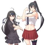  2girls abs asymmetrical_legwear black_hair black_jacket black_legwear black_skirt blazer blue_headband dress garter_straps gloves hatsushimo_(kancolle) hatsushimo_kai_ni_(kancolle) headband highres jacket kantai_collection long_hair looking_at_viewer low-tied_long_hair midriff multiple_girls one_eye_closed pleated_dress pleated_skirt ponytail red_eyes red_skirt rindou_(rindou_annon) school_uniform serafuku sidelocks simple_background single_thighhigh skirt standing stretch thigh-highs toned uneven_legwear white_background white_gloves yahagi_(kancolle) 