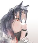  1girl absurdres alternate_costume animal_ears arknights arm_strap bangs bare_shoulders black_choker black_dress black_hair choker dress earrings from_behind gradient gradient_background grey_background highres jewelry km_(k74870537) long_hair ponytail profile sidelocks solo texas_(arknights) upper_body white_background wolf_ears yellow_eyes 