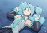  1girl absurdres aqua_eyes aqua_hair closed_eyes closed_mouth detached_sleeves digiral hatsune_miku highres long_hair lying necktie on_back sleeping smile solo vocaloid 