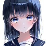  1girl absurdres bangs blue_eyes blue_hair blue_sailor_collar blush eyebrows_visible_through_hair highres long_hair looking_at_viewer nolma7 original parted_lips portrait sailor_collar shiny shiny_hair simple_background solo sparkle straight_hair twitter_username white_background 