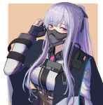  1girl 3_small_spiders absurdres ak-12_(girls&#039;_frontline) ammunition_belt ammunition_pouch bangs black_cloak black_gloves blush braid breasts cloak commentary eyebrows_visible_through_hair fingerless_gloves girls_frontline gloves hair_ribbon hand_up highres jacket long_hair long_sleeves looking_at_viewer mask medium_breasts ponytail pouch ribbon side_braid silver_hair simple_background solo tactical_clothes upper_body violet_eyes white_jacket 
