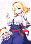  2girls :d alice_margatroid blonde_hair blue_dress blue_eyes bow breasts capelet closed_mouth cowboy_shot dollyspica dress hair_bow hairband highres large_breasts lolita_hairband long_hair looking_at_viewer multiple_girls open_mouth red_bow red_hairband shanghai_doll short_hair smile standing touhou white_background white_capelet 