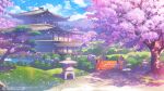  architecture artist_request bridge bush cherry_blossoms clouds copyright day east_asian_architecture forest highres house mahjong_soul nature no_humans official_art official_wallpaper outdoors path petals river rock shouji sliding_doors stone_lantern tree yostar 
