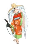  1girl akai_sashimi black_eyes black_hair brown_headwear commentary_request full_body gun hand_up hat head_tilt heian holding holding_gun holding_weapon ichimegasa japanese_clothes katana kimono long_sleeves looking_at_viewer orange_kimono original ppsh-41 print_kimono ribbon sandals short_hair simple_background smile solo standing straw_hat submachine_gun sword veil weapon white_background wide_sleeves zouri 