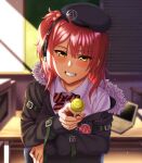  1girl bangs beret black_jacket blush bow bowtie candy eyebrows_visible_through_hair food fur-trimmed_jacket fur_trim girls_frontline hat headphones highres holding holding_candy holding_food holding_lollipop jacket lollipop long_hair looking_at_viewer mp7_(girls&#039;_frontline) nail_polish open_mouth ouga_(user_ctzw2237) parted_lips pink_nails redhead shirt simple_background sitting smile solo table teeth upper_body white_shirt yellow_eyes 