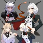  2girls alina_(arknights) animal_ears arknights armband ascot black_ascot black_dress black_shirt breasts brown_hair commentary cup deer_antlers deer_ears deer_girl dragon_girl dragon_horns dress drinking_glass dual_persona english_commentary eyebrows_visible_through_hair grey_background grey_hair hair_intakes hair_ornament hairclip hand_grab hand_up highres holding holding_cup horns long_hair long_sleeves looking_at_another multiple_girls multiple_views orange_ribbon pinafore_dress ribbon shirt simple_background small_breasts smile supershrimpcakes talulah_(arknights) talulah_the_fighter_(arknights) twitter_username two-tone_dress two-tone_shirt v-shaped_eyebrows very_long_hair white_dress white_shirt wine_glass yellow_eyes yuri 