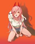  +_+ 1girl breasts cat chainsaw_man demon_girl demon_horns feng_qian_dangyang full_body hair_between_eyes highres horns long_hair looking_at_viewer medium_breasts open_mouth pink_hair power_(chainsaw_man) red_background red_eyes red_horns sharp_teeth shirt shorts simple_background solo squatting teeth yellow_shirt 