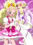  2girls blonde_hair bow cure_flora dress flora_(precure) gloves go!_princess_precure heart heart_hands heart_hands_duo multicolored_hair multiple_girls non-web_source onomekaman pink_background pink_dress pink_hair precure purple_hair streaked_hair waist_bow white_gloves yellow_eyes yes!_precure_5 yes!_precure_5_gogo! 