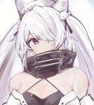  1girl azur_lane bangs bare_shoulders blush breasts eyebrows_visible_through_hair hair_between_eyes hair_over_one_eye kiev_(azur_lane) long_hair looking_at_viewer marshall_k red_eyes silver_hair simple_background small_breasts solo twintails upper_body white_headwear 
