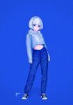  1girl absurdres bangs blue_background blue_eyes blue_theme bob_cut closed_mouth denim full_body highres hood hoodie jeans looking_at_viewer midriff navel original pants ryuchin shoes short_hair signature sneakers solo standing white_hair 