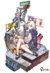  1girl an-94_(girls&#039;_frontline) animal_ears animal_hug animal_on_head artist_request asymmetrical_legwear bag bird black_footwear black_skirt blonde_hair blush braid braided_ponytail cat_ears caution_tape character_name closed_mouth dog_tags duffel_bag english_text full_body girls_frontline green_eyes headband high_heels highres hood hood_down keep_calm_and_carry_on korean_commentary long_hair long_sleeves looking_at_viewer mismatched_legwear on_head poster_(object) rabbit radio_antenna riccae road_sign sign simple_background single_sock single_thighhigh sitting skirt socks solo thigh-highs very_long_hair warning_sign white_background white_legwear 