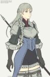  1girl armor braid breastplate closed_mouth gloves gofelem greaves grey_eyes grey_hair groin long_hair polearm ravness_loxaerion simple_background solo tactics_ogre thigh-highs weapon 