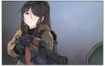  1girl ak-47 assault_rifle backpack bag banditchan beige_jacket black_gloves black_hair black_sweater gloves grenade_launcher gun hair_over_one_eye highres k0ng kalashnikov_rifle ponytail red_eyes rifle sidelocks solo stalker_(game) sweater weapon white_background 