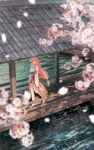  1girl absurdres animal_ears architecture bare_shoulders blurry blurry_foreground breasts cherry_tree detached_sleeves east_asian_architecture falling_petals fox_ears full_moon genshin_impact hair_between_eyes highres japanese_clothes jewelry koseikogani large_breasts long_hair looking_up low-tied_long_hair miko moon outdoors pendant petals pink_hair pond sandals sash scenery shirt sleeveless sleeveless_shirt solo violet_eyes walking water white_shirt yae_miko 