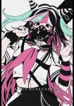  1girl artist_name bangs black_hair black_nails collarbone criis-chan danganronpa_(series) danganronpa_2:_goodbye_despair earrings gas_mask green_hair grey_background hair_horns jewelry long_hair mask mioda_ibuki multicolored_hair nail_polish neckerchief piercing pillarboxed pink_eyes pink_hair pink_neckerchief sailor_collar school_uniform scrunchie shirt simple_background skirt wrist_scrunchie 